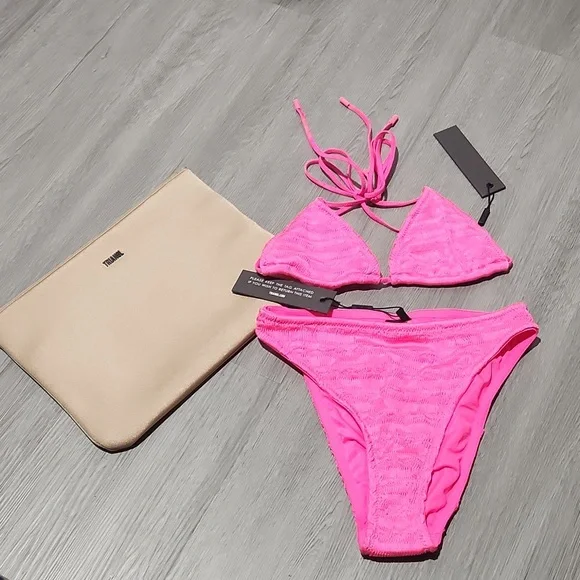 Hot pink thread swim set with bonus bag high waist bottoms string top - Picture 4 of 7